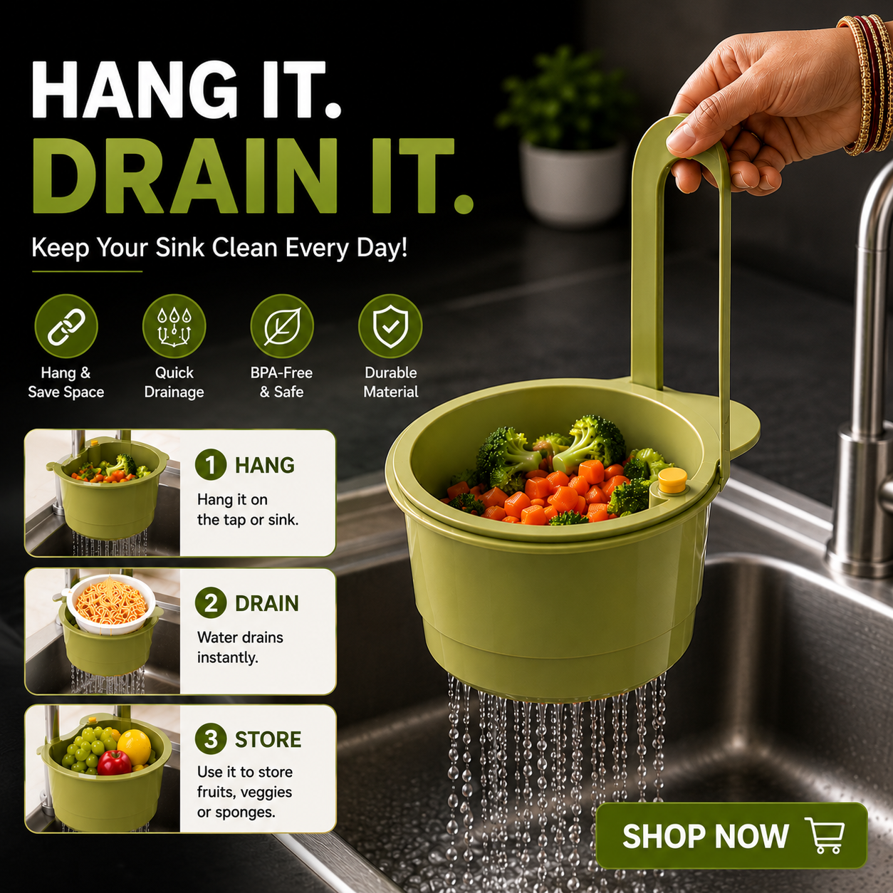 𝐊𝐢𝐭𝐜𝐡𝐞𝐧 𝐒𝐢𝐧𝐤 𝐃𝐫𝐚𝐢𝐧 𝐁𝐚𝐬𝐤𝐞𝐭 – 𝐃𝐨𝐮𝐛𝐥𝐞 𝐋𝐚𝐲𝐞𝐫 𝐒𝐭𝐫𝐚𝐢𝐧𝐞𝐫 ; 𝐃𝐞𝐭𝐚𝐜𝐡𝐚𝐛𝐥𝐞 𝐅𝐨𝐨𝐝 𝐖𝐚𝐬𝐭𝐞 𝐅𝐢𝐥𝐭𝐞𝐫